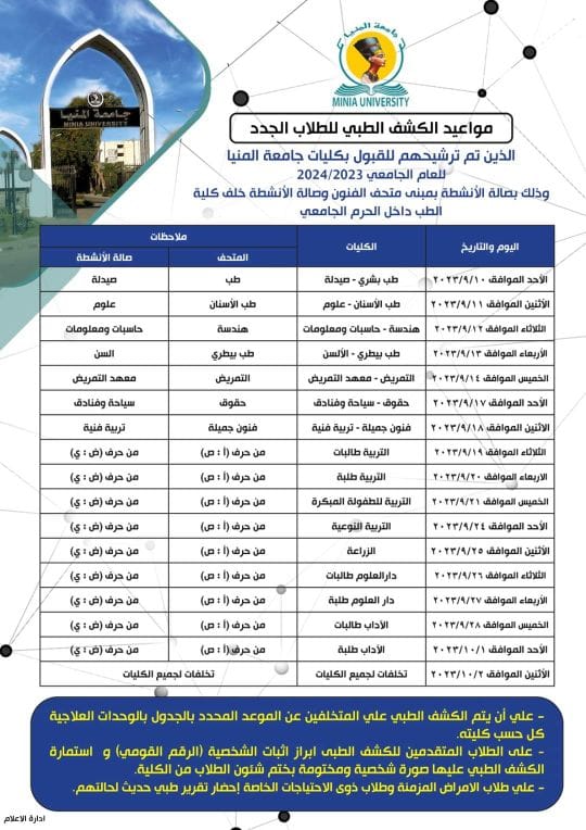تعرف علي مواعيد الكشف الطبي للطلاب الجدد الذين تم ترشيحهم للقبول بكليات جامعة المنيا للعام الجامعي 2024/2023
