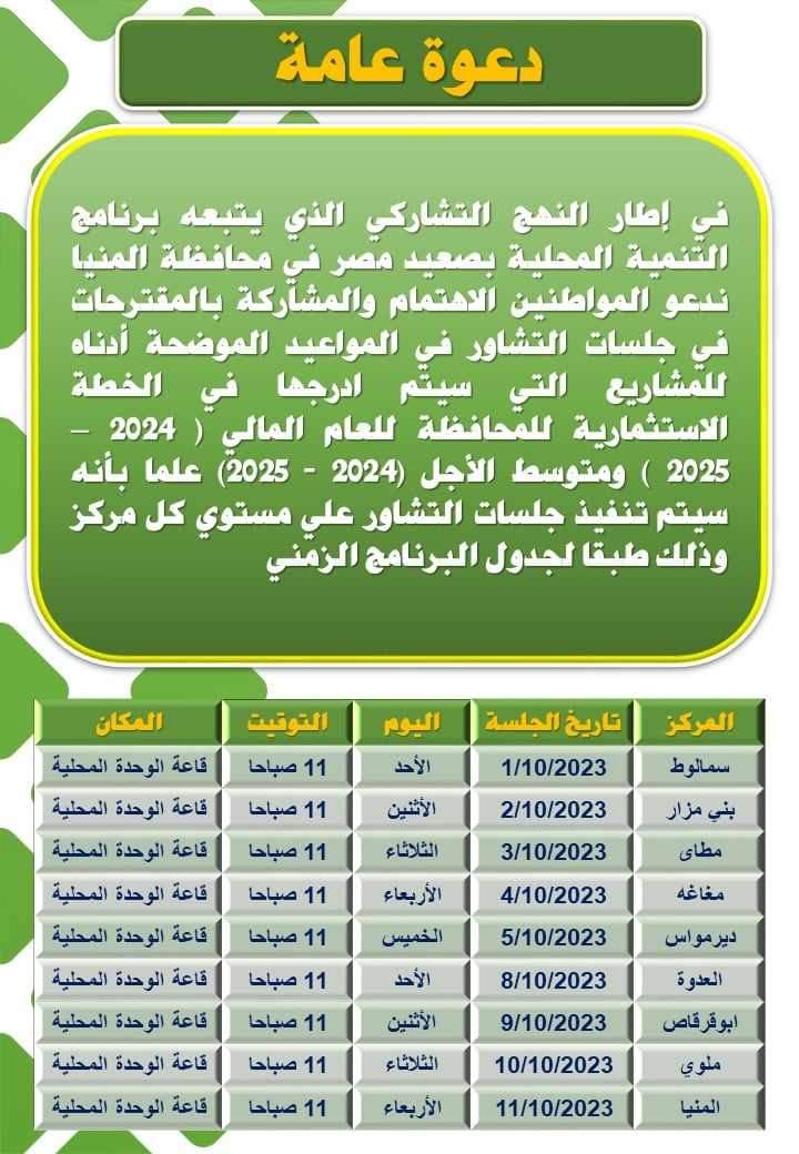 محافظ المنيا يدعو المواطنين للمشاركة في جلسات التشاور المجتمعي بمراكز المحافظة