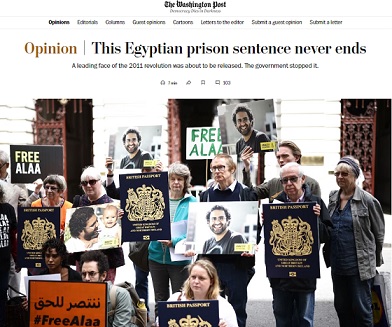 مقال في واشنطن بوست: هذا الحكم بسجن علاء عبدالفتاح لا ينتهي أبدًا!