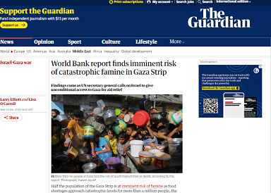 الجارديان: تقرير البنك الدولي يُظهر خطراً وشيكاً لمجاعة كارثية في قطاع غزة