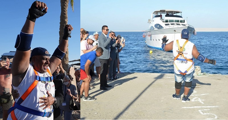 بالصور .. كابونجا المصري يسحب سفينة زنتها 720.3 طناً بأسنانه ويدخل