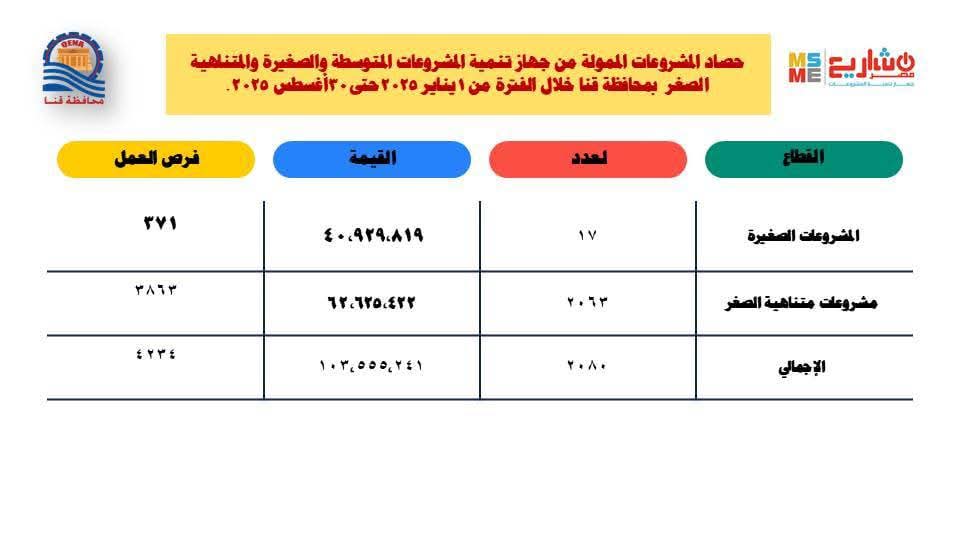 تمويل 2080 مشروعًا صغيرًا ومتناهي الصغر بقيمة 103 ملايين جنيه في قنا

