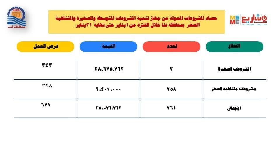 35 مليون جنيه لتمويل مشروعات صغيرة ومتناهية الصغر خلال شهر يناير بقنا

