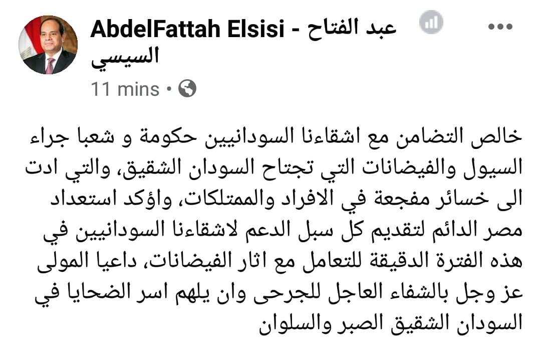 السيسي: نتضامن مع السودان في مواجهة الخسائر المفجعة جراء السيول والفيضانات