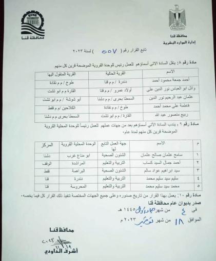 حركة محليات بقنا .. تعيين رؤساء مدن جدد واقالة 7 قيادات وسطى
