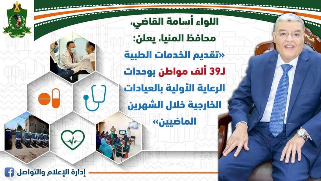 محافظ المنيا : تقديم الخدمات الطبية لـ39 ألف مواطن بوحدات الرعاية الأولية بالعيادات الخارجية خلال الشهرين الماضيين