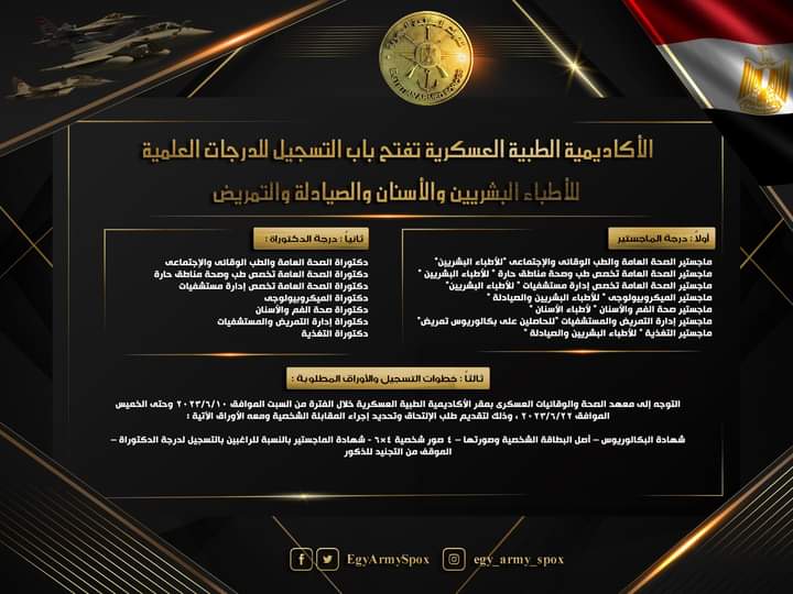 الأكاديمية الطبية العسكرية تفتح باب التسجيل للدرجات العلمية للأطباء البشريين والأسنان والصيادلة والتمريض