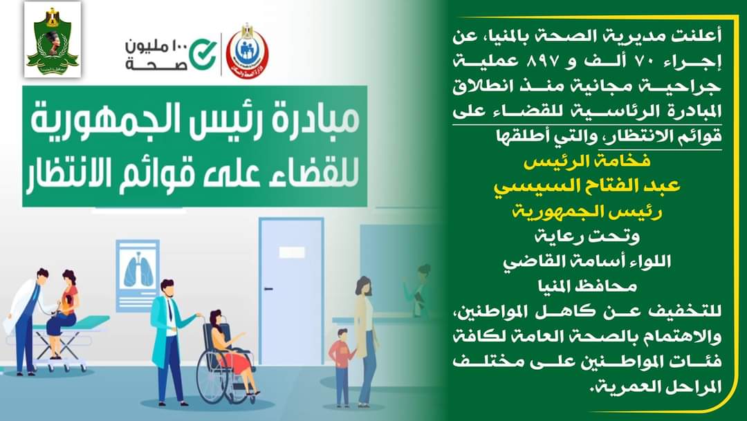 صحة المنيا: إجراء ٧٠ ألف عملية جراحية مجانية منذ انطلاق المبادرة