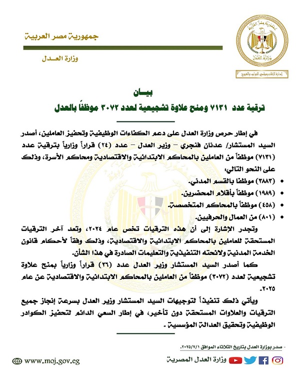 ترقية ٧١٣١ موظفا ومنح علاوة تشجيعية لعدد ٣٠٧٢ موظفًا بالعدل

