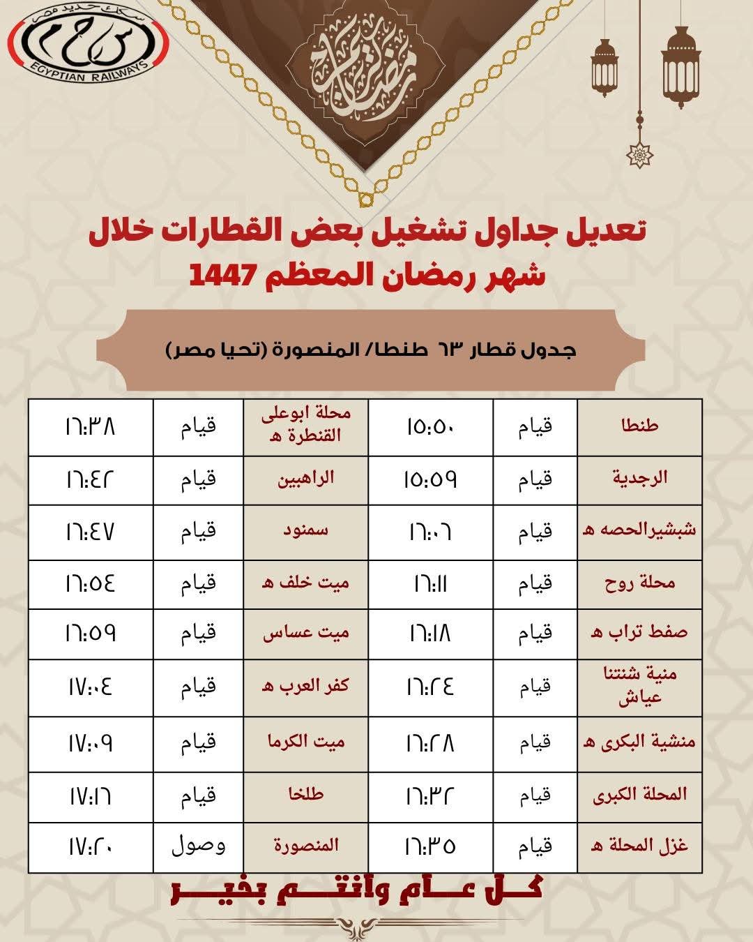 تعديل مواعيد  القطارات على عدد من خطوط السكة الحديد تزامنًا مع بداية رمضان

