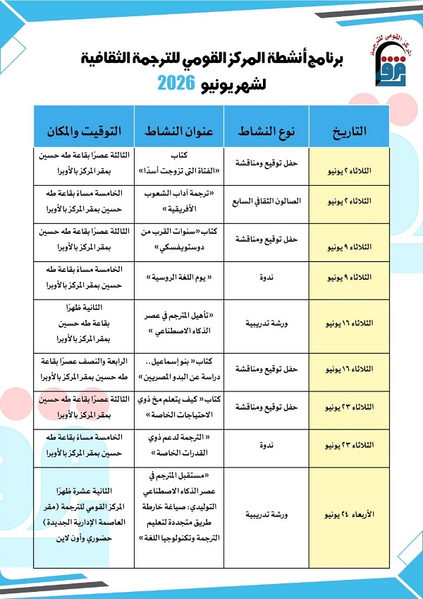 برنامج شامل وفعاليات مضاعفة.. القومي للترجمة يستقبل يونيو بزخم ثقافي كبير.

