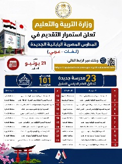 استمرار التقديم بالمدارس المصرية اليابانية الجديدة للعام الدراسي المقبل حتى ٢١ يونيو الجاري

